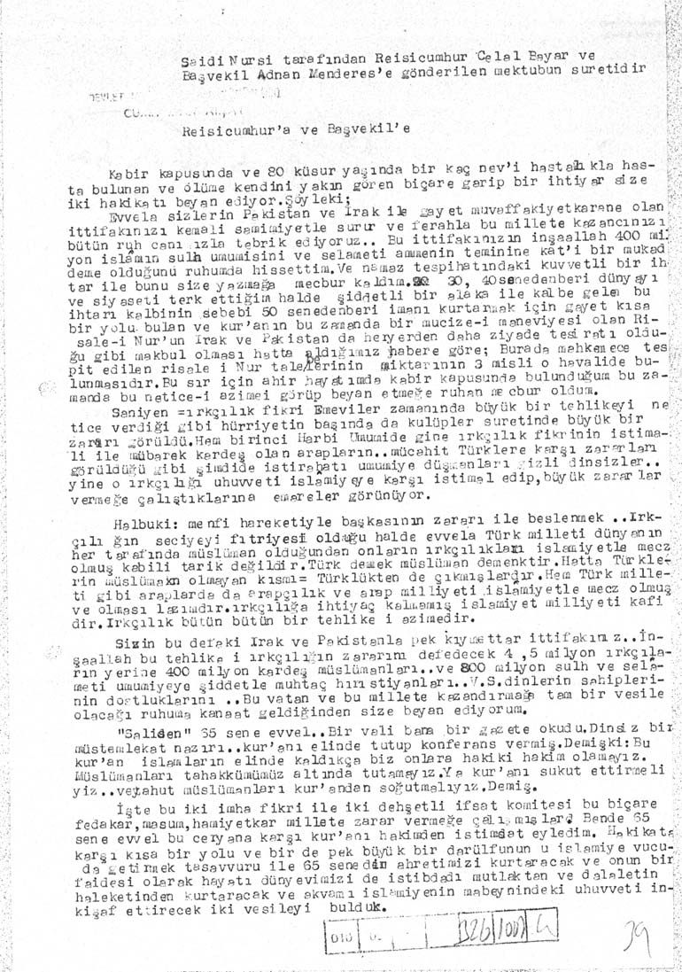 Said Nursi'nin el yazısıyla mektup